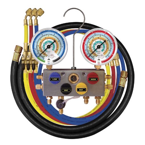 Slika 4-WAY KUGLICASTI MANOMETRI SA CREVIMA 150cm ZA R134A/404A/407C/22/507 MASTERCOOL 96261-MB-E